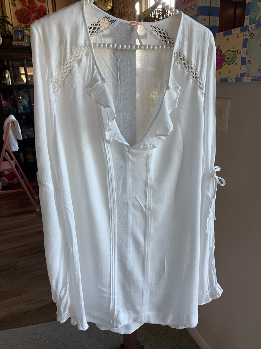 Vintage Free People Tie Sleeve Peasant Long Tunic Boho Blouse Size L